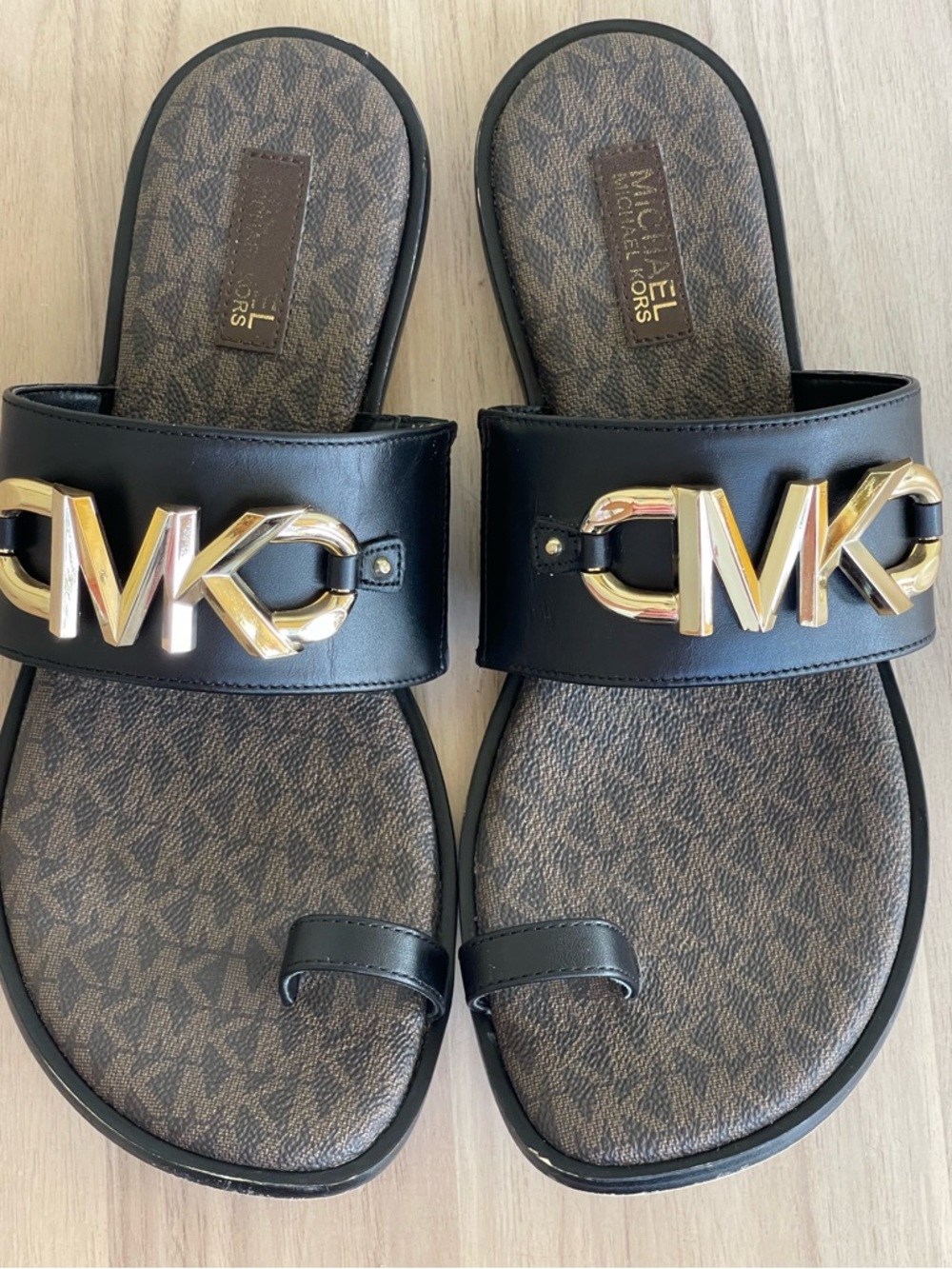 Michael Kors Black Slides with Gold MK Emblem - Picture 9 of 13